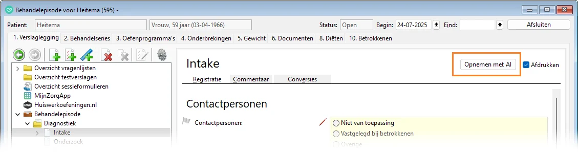 Scherm Intramed behandelepisode opnemen met AI