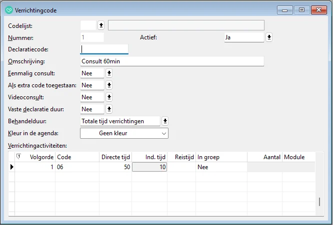 Scherm Verrichtingcode Jeugd GGZ