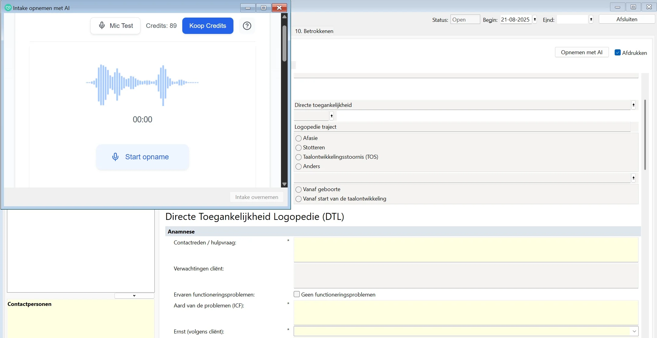 Screenshot Smartintake.AI opnemen met AI. Beginscherm van intake opnemen.