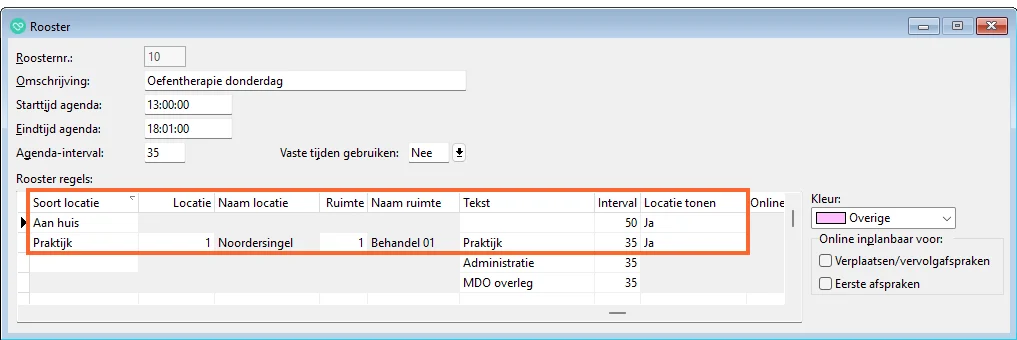 Aanpassing Rooster in Intramed 10.7
