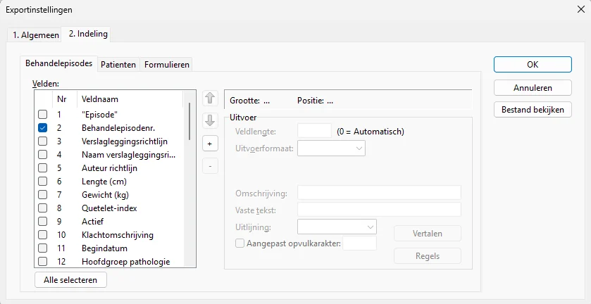 Zorgtopics Exportinstellingen