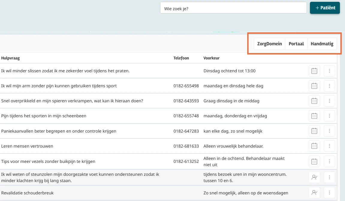 Filterknop aanmeldingen Intramed Web