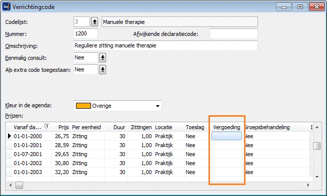 Verricvhtingcode vergoedingen