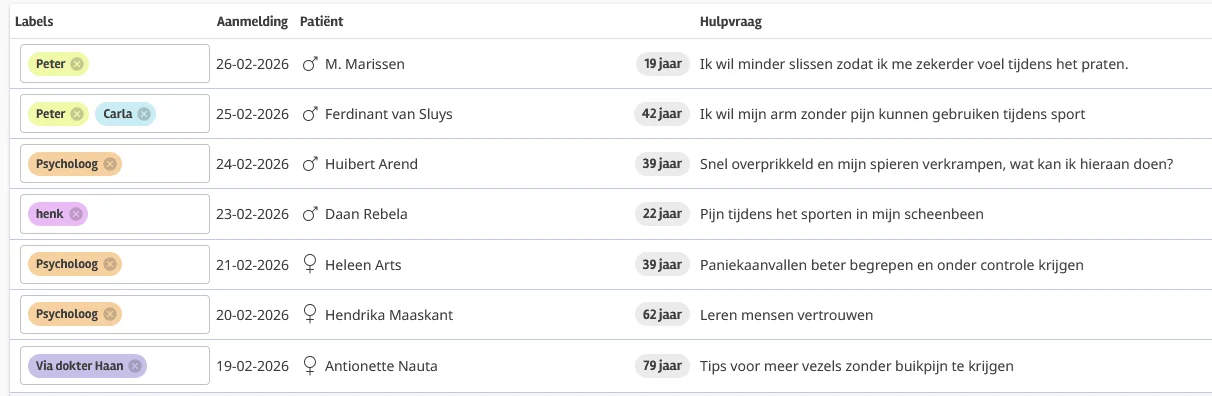 Intramed web voorbeeld labels scherm aangemeld