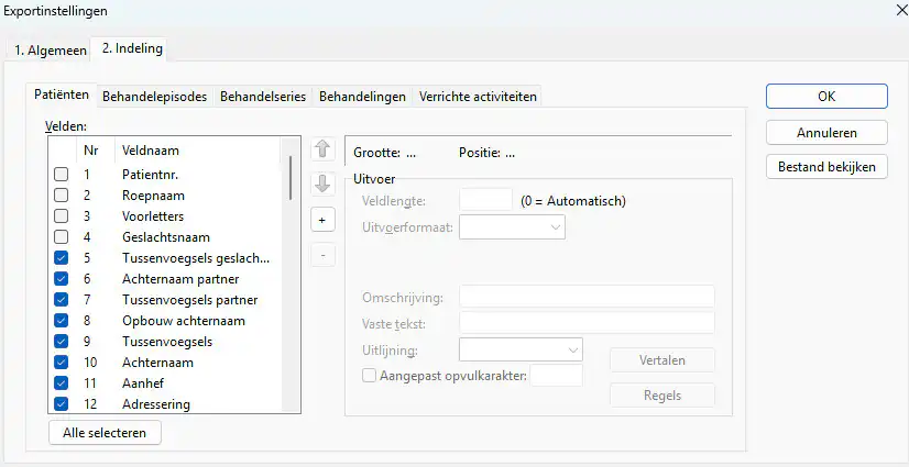 venster van export ontwerpen tab 2 indeling