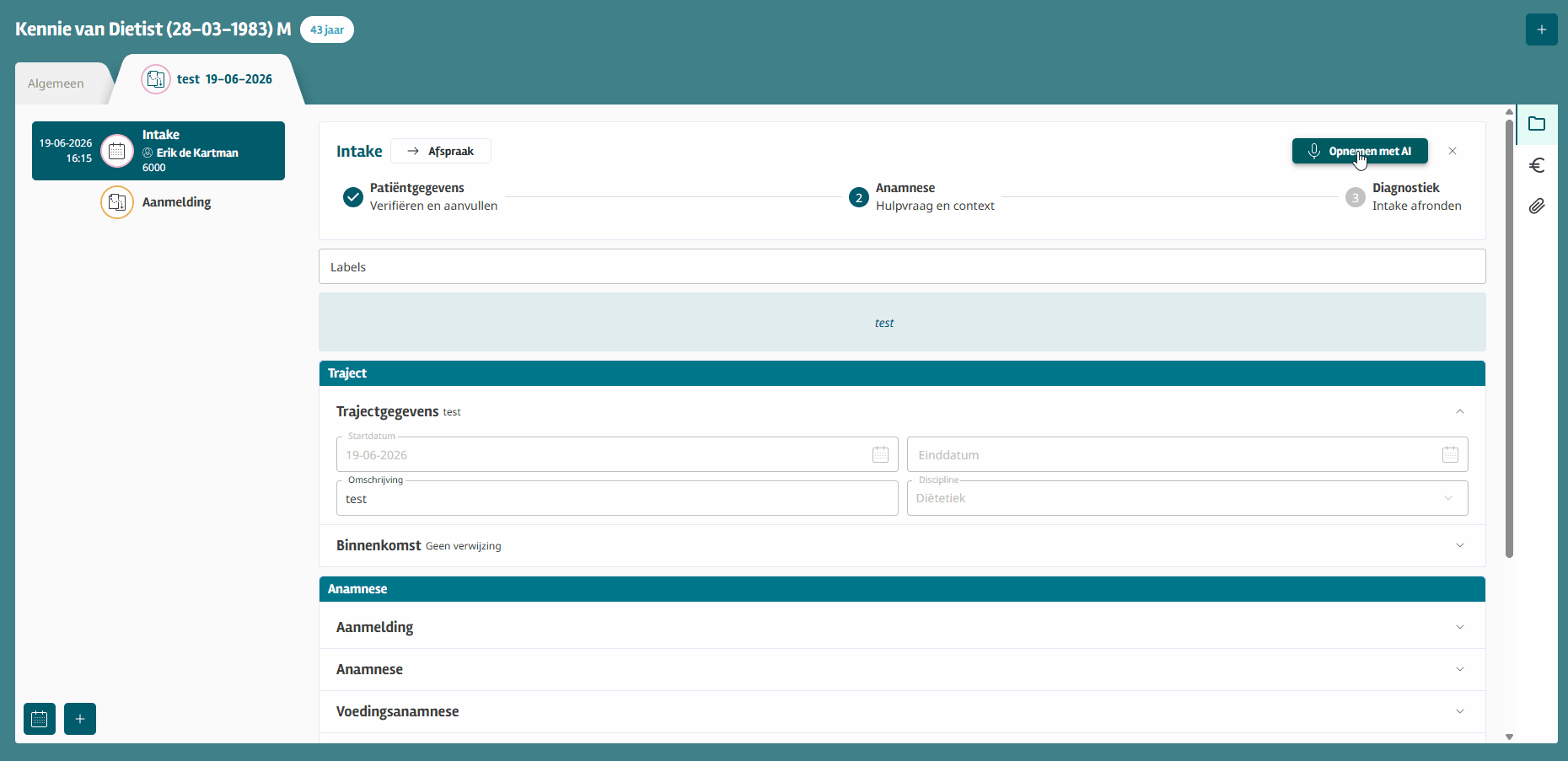 Scherm in Intramed Web waarop een diagnosecode kan worden vastgelegd via het veld Diagnosecode of de knop Diagnoselijst. Via het paperclipicoon kan de verwijsbrief direct worden geopend om deze tijdens het invullen of controleren van de diagnose te raadplegen.