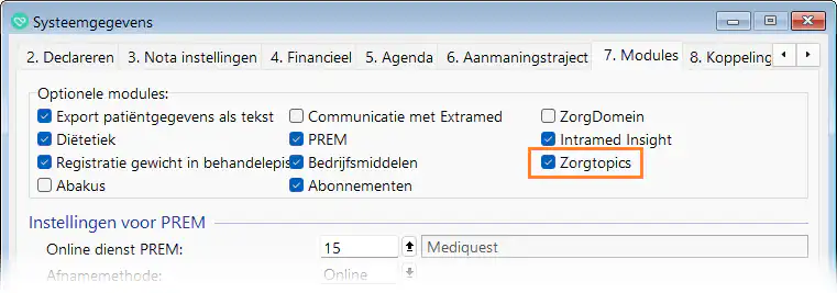 In de systeemgegevens is op tabblad ‘7. Modules’ de module ‘Zorgtopics’ toegevoegd.