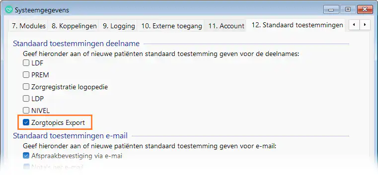 Standaard toestemmingen Zorgtopics op tabblad 12 aanvinken