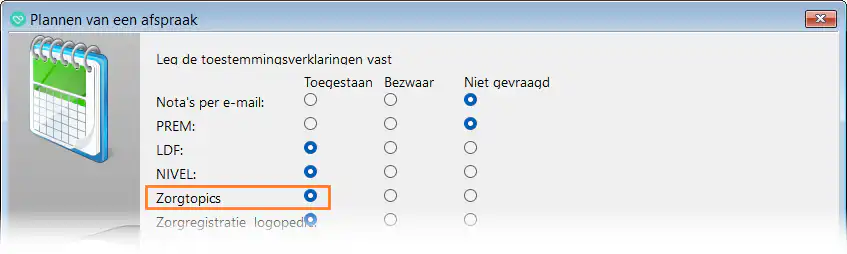 Als de module ‘Zorgtopics’ is aangevinkt, wordt bij elke nieuwe patiënt de toestemming voor deelname Zorgtopics export dan standaard op ‘ja’ gezet. Natuurlijk kun je dat wijzigen.