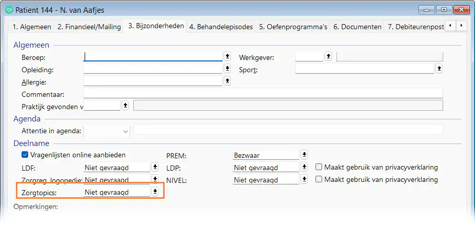 Tabblad 3 - Bijzonderheden van een nieuwe patiënt, waarop de toestemming voor deelname aan Zorgtopics export standaard is ingesteld op 'Toestemming gegeven'.