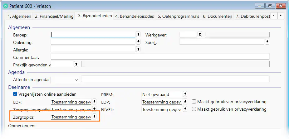 Tabblad 3 - Bijzonderheden van een nieuwe patiënt, waarop de toestemming voor deelname aan Zorgtopics export standaard is ingesteld op 'Toestemming gegeven'.