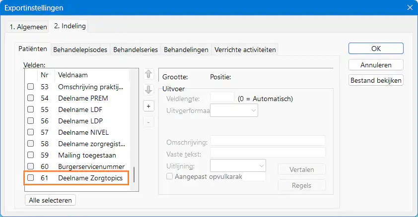 In een exportontwerp ‘Patiënten/Behandelingen’ kun je het toestemmingsveld ook gebruiken. Je vindt dit in de exportinstellingen, tabblad ‘2. Indeling’, tabblad ‘Patiënten’: