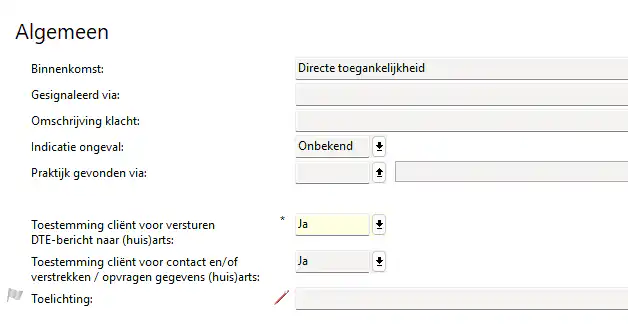 • Nieuw tekstveld ‘Toelichting’, onder ‘Toestemming cliënt voor contact en/of verstrekken/opvragen gegevens (huis)arts’. Dit veld zie je als de vraag erboven is ingevuld. Hierin kun je eventuele bijzonderheden/aanvullingen invullen over de toestemming.